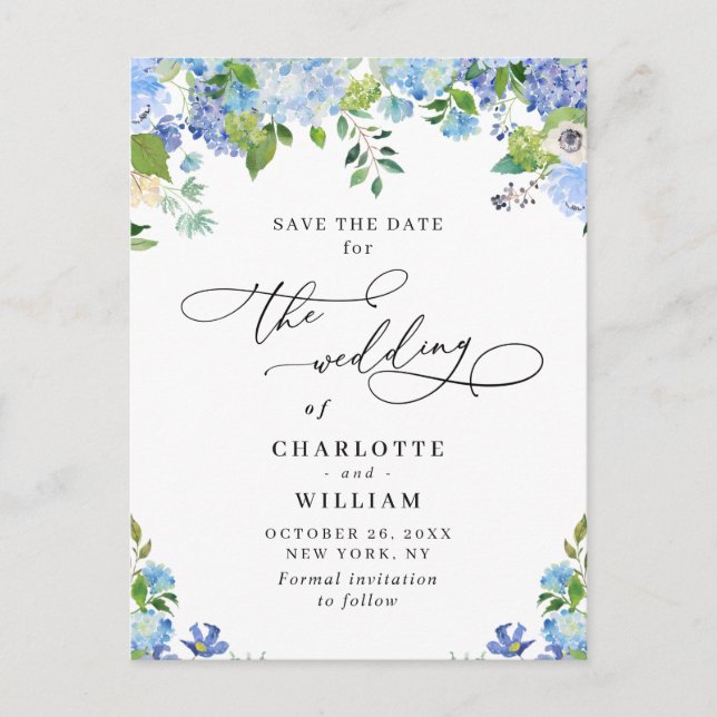 Postal Elegante Blue Hydrangea Boda QR Guardar la fecha (Anverso)