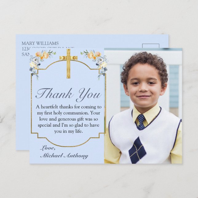 Postal Elegante Blue Peach Floral 1ª Santa Comunión Graci (Anverso / Reverso)