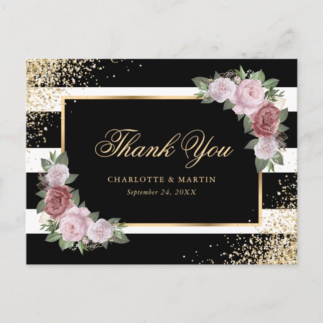 Postal Elegante Blush Rosa Floral Gracias (Anverso)