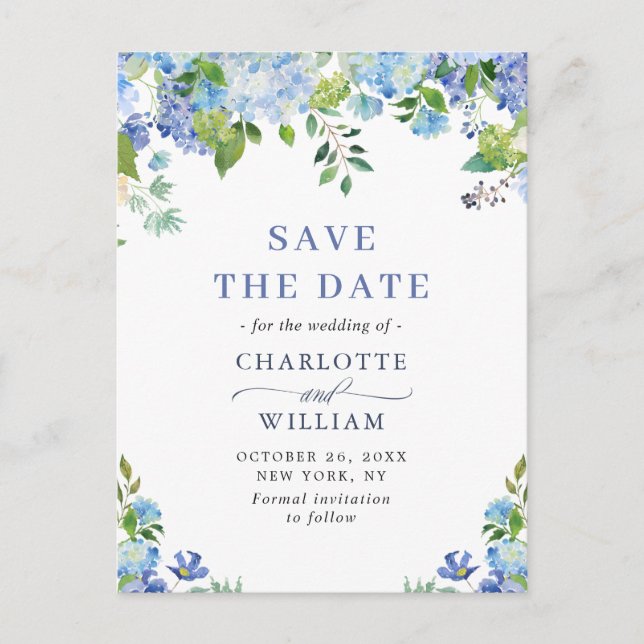 Postal Elegante Boda Azul Hidránica Salva La Fecha (Anverso)