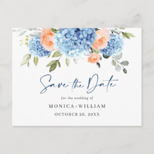 Postal Elegante Boda Azul Hidránico Guardar la fecha