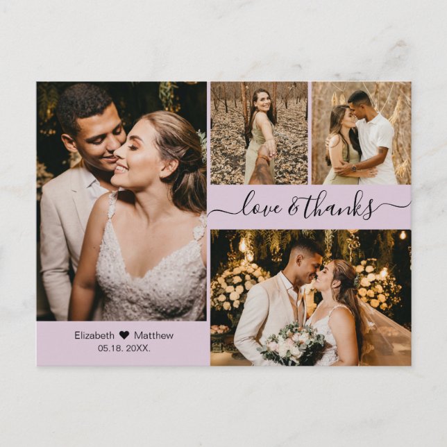 Postal Elegante Boda de Collage de fotos Lilac 4 Gracias (Anverso)