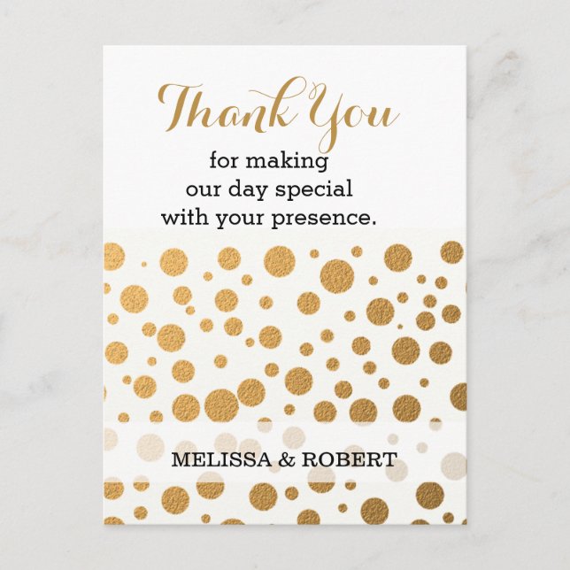 Postal Elegante Boda de Confetti de Oro Gracias (Anverso)