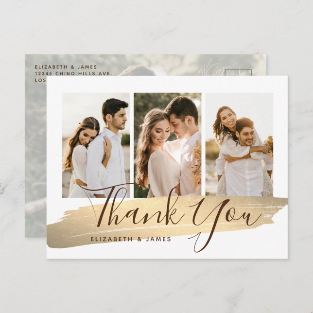 Postal Elegante Boda de fotos de oro gracias (Anverso / Reverso)