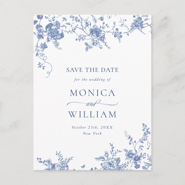 Postal Elegante boda de jardín francés azul ahorrar la fe (Anverso)