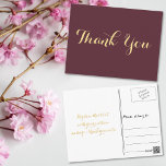 Postal Elegante Boda de la escritura de oro de Borgoña Gr<br><div class="desc">Crea tu propia personalizado,  personalizada,  polvorienta burgundy y faux gold gracias nota postal. Simplemente introduzca su mensaje / nota de agradecimiento. Elegante agradecimiento nota postal para uso en boda,  aniversario de matrimonio,  cumpleaños,  graduación,  ducha de novia,  ducha de bebé,  vacaciones o cualquier otro correo relacionado con ocasión especial.</div>