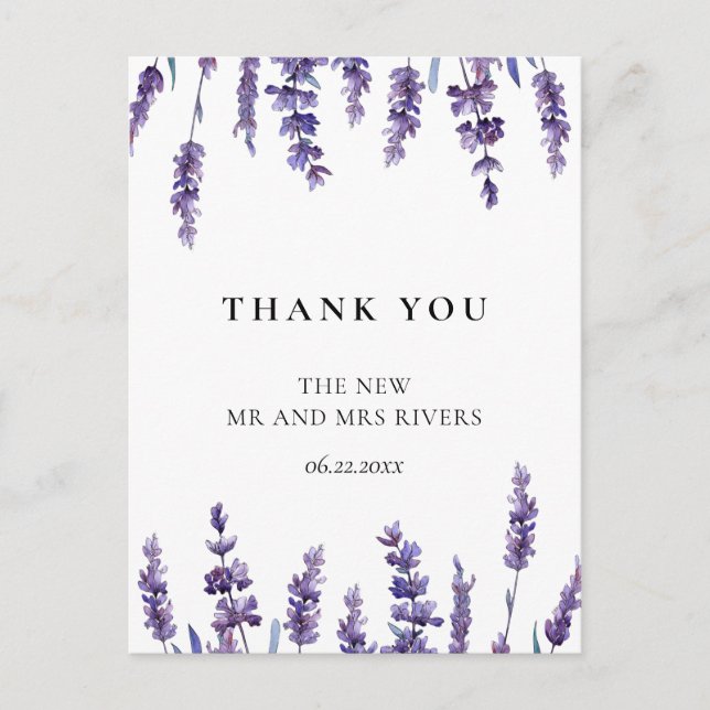 Postal Elegante boda de lavanda floral gracias (Anverso)