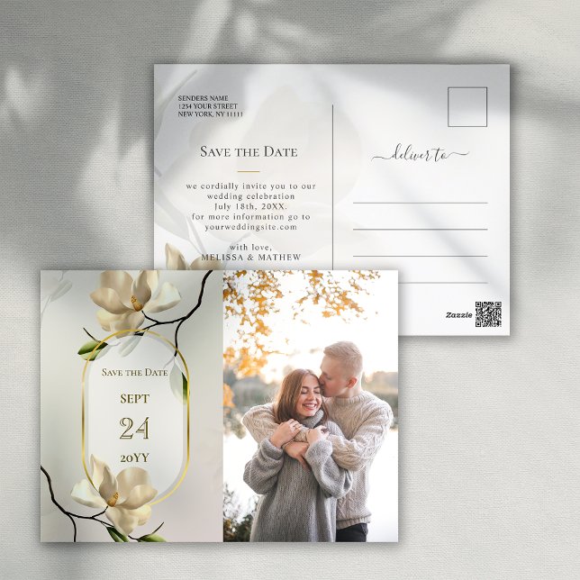 Postal Elegante boda de Magnolia Oriental Salven la fecha (Elegant Oriental Magnolia Wedding Save the Date Postcard)