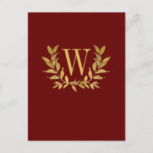 Postal Elegante Boda de Monograma de Oro Burgundy