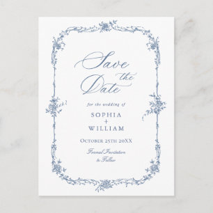 Postal Elegante boda de tela francesa azul salva la fecha