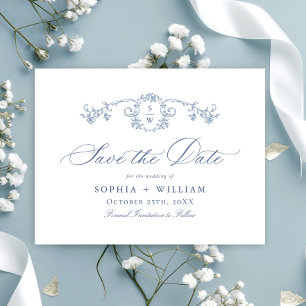 Postal Elegante boda de tela francesa azul salva la fecha