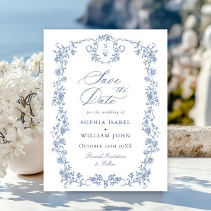 Postal Elegante boda de tela francesa azul salva la fecha