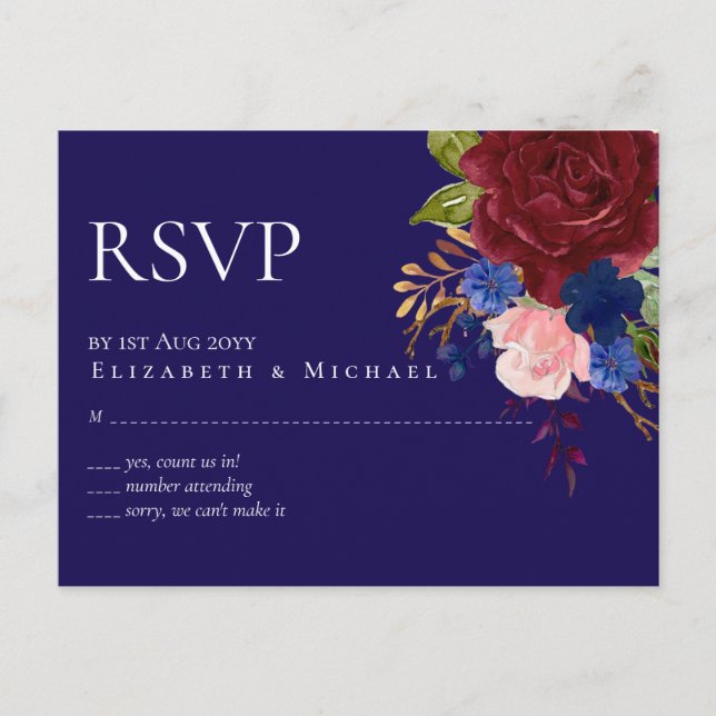 Postal Elegante Boda Floral Azul Borgoña Presupuesto RSVP (Anverso)