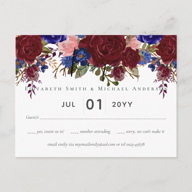 Postal Elegante Boda Floral Azul Borgoña Presupuesto RSVP (Anverso)