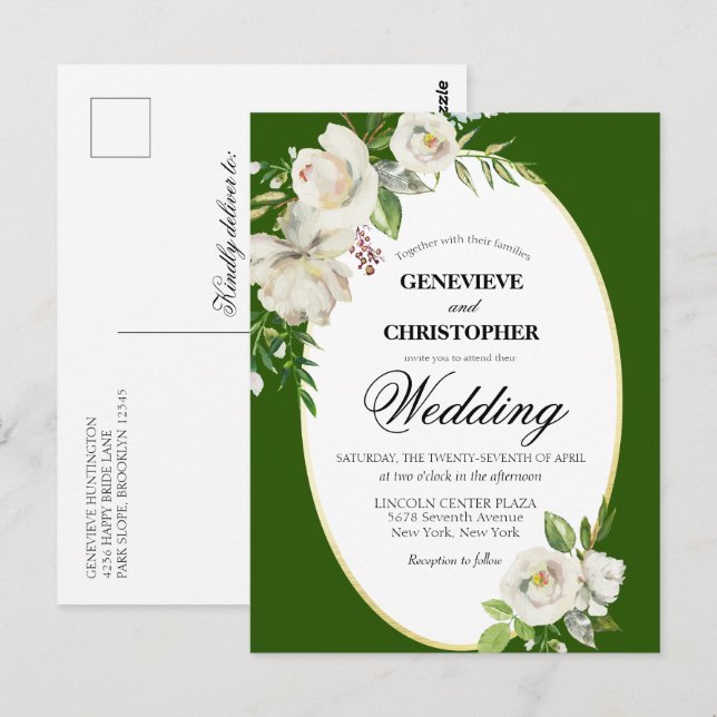 Postal Elegante Boda floral de Boho verde esmeralda (Anverso / Reverso)