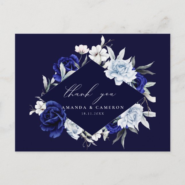 Postal Elegante Boda Floral de la Marina Azul Dusty Graci (Anverso)