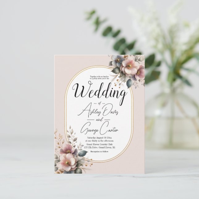 Postal Elegante boda floral rosa, azul y crema (Anverso de pie)