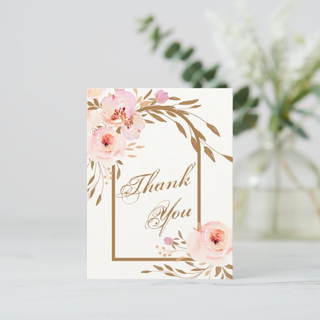 Postal Elegante Boda floral rosa de Rubor. Gracias. (Anverso de pie)