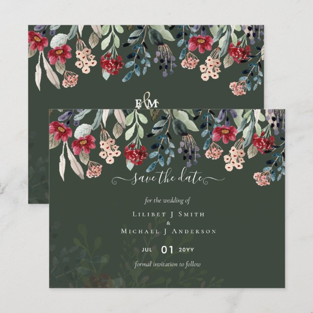 Postal Elegante Boda floral verde borgoña azul (Anverso / Reverso)