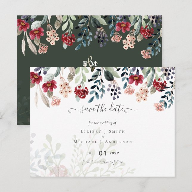 Postal Elegante Boda floral verde borgoña azul (Anverso / Reverso)