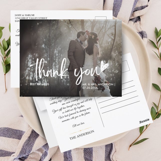 Postal Elegante Boda fotográfico Gracias Postcard (Elegant Photo Wedding Thank You Postcard)
