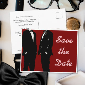 Postal Elegante Boda Gay Moderna en Rojo para Guardar la 