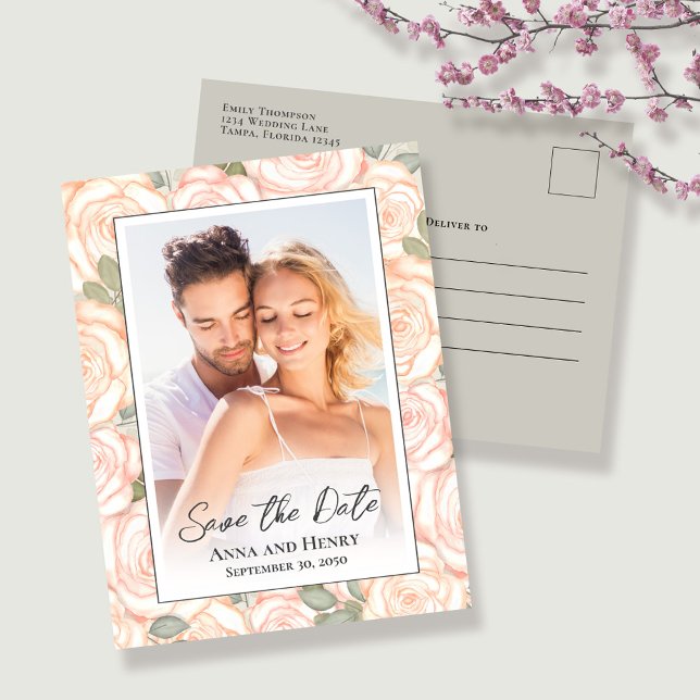 Postal Elegante boda Guardar la foto de fecha (Blush pink save the date photo postcard.)