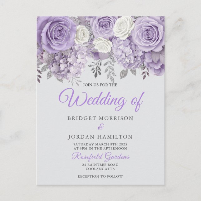 Postal Elegante boda morada floral invitada con espuma (Anverso)