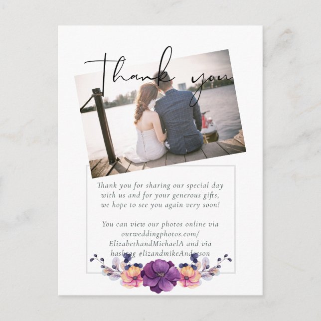 Postal Elegante Boda Naranja floral morado (Anverso)