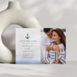 Postal elegante boda náutica salva la fecha<br><div class="desc">diseño náutico azul con una hermosa foto de la pareja. Puede editar el texto y los colores.</div>