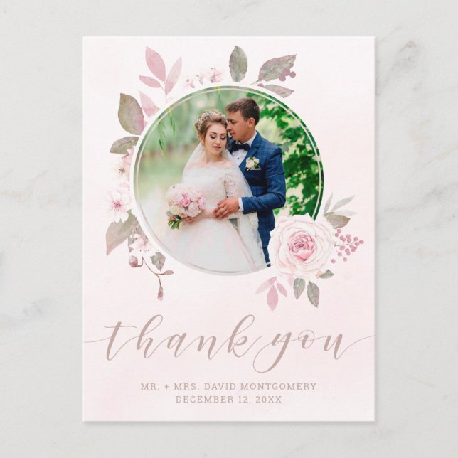 Postal Elegante Boda Rosa Floral Rosa Foto Gracias (Anverso)