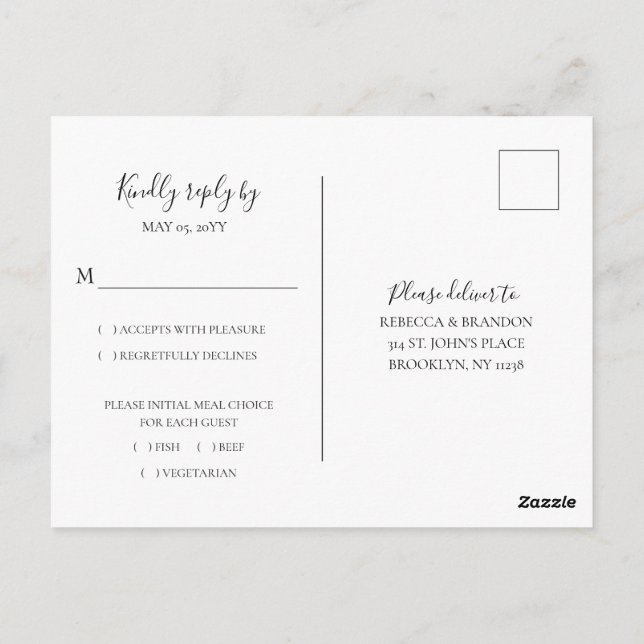 Postal Elegante Boda RSVP de Elección de Comida Simple (Reverso)