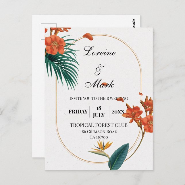 Postal Elegante Boda tropical floral (Anverso / Reverso)