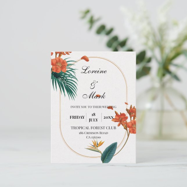 Postal Elegante Boda tropical floral (Anverso de pie)