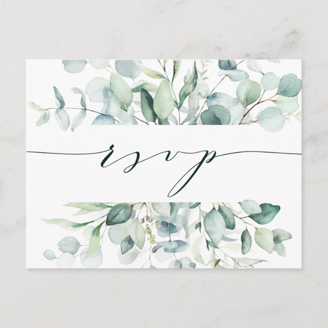 Postal Elegante Boda Verde Foliage RSVP (Anverso)