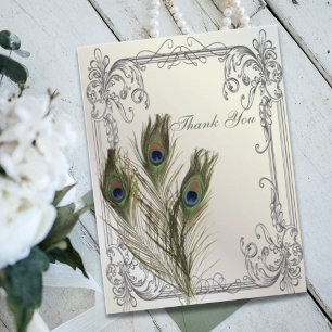 Postal elegante boda vintage floral de pavo real gracias