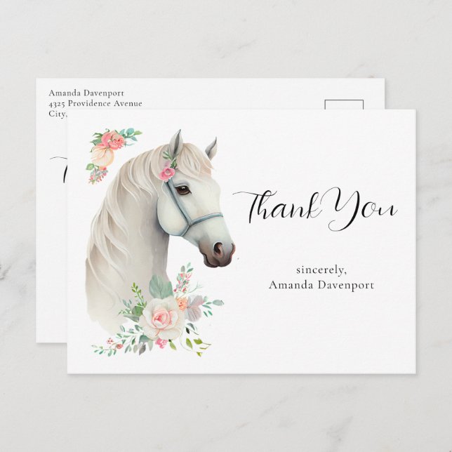 Postal Elegante Boho Blanco Horse Floral Gracias (Anverso / Reverso)