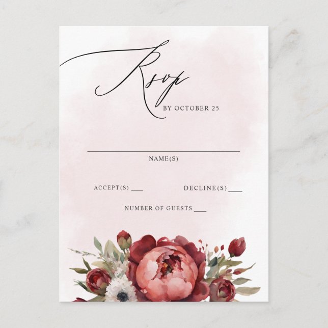 Postal Elegante Boho Burgundy Rubor Floral RSVP (Anverso)