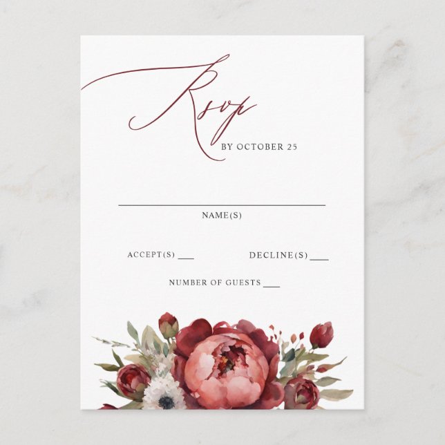 Postal Elegante Boho Burgundy Rubor Floral RSVP (Anverso)