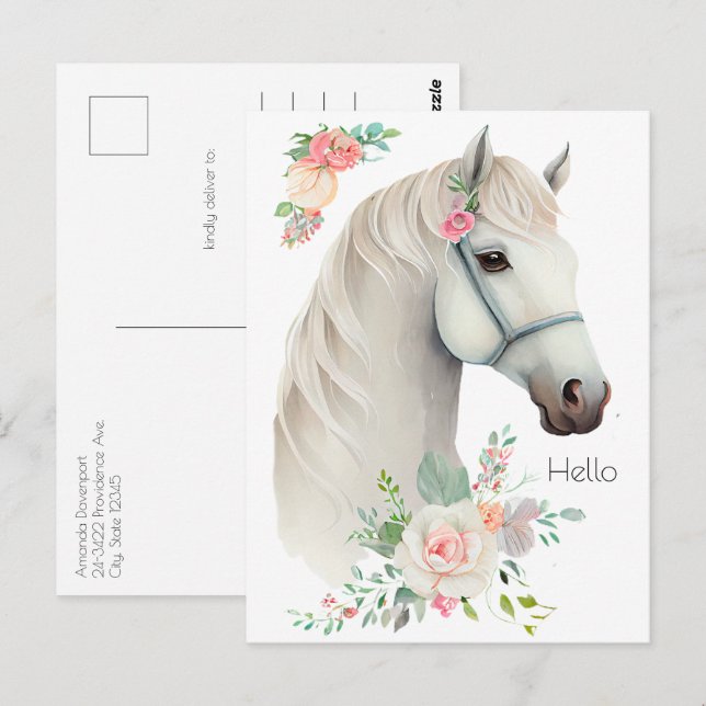 Postal Elegante Boho Floral de caballos blancos (Anverso / Reverso)