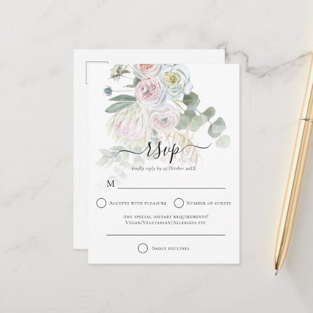 Postal Elegante Boho Florals Eucalyptus Wedding RSVP (Anverso/Reverso In Situ)