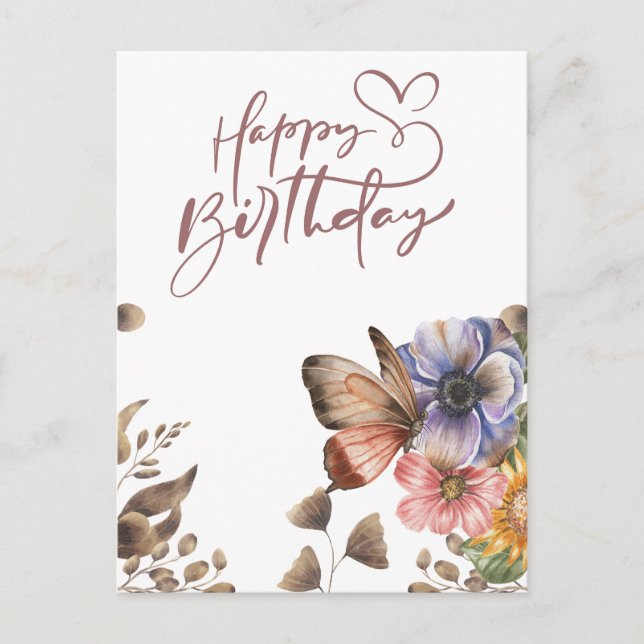 Postal Elegante Boho Mariposa Cumpleaños Floral  (Anverso)