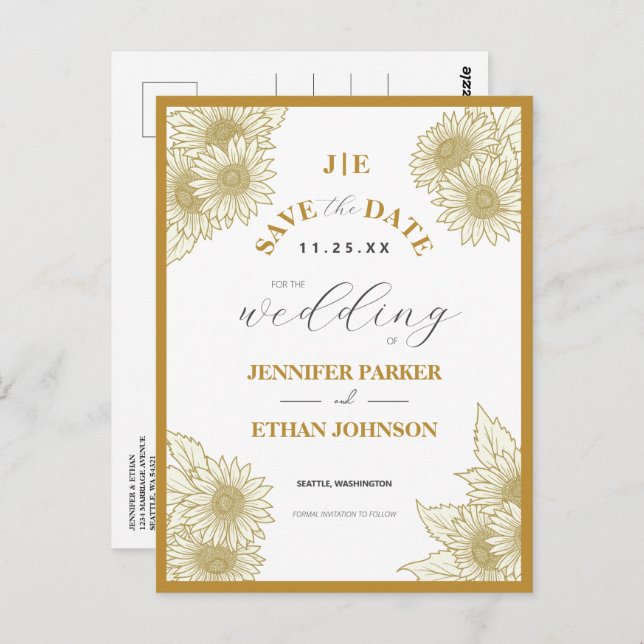 Postal Elegante Boho Sunflower Botanical Save The Date (Anverso / Reverso)
