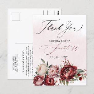 Postal Elegante Borgoña Rubor Floral Sweet 16 Gracias