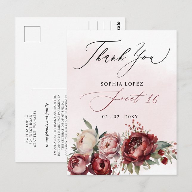 Postal Elegante Borgoña Rubor Floral Sweet 16 Gracias (Anverso / Reverso)