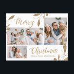 Postal Elegante Botánico de Oro 4 Navidades de Collage de<br><div class="desc">Elegante y moderno Salto Botánico de Oro 4 Collages de fotos Merry Gold y Navidades Blancos Postales de vacaciones. Esta plantilla festiva, mimánica, fantástica de cuatro (4) fotos de postales para festividades presenta un collage de fotos de bonito, hojas botánicas de Relieve metalizado de oro falsas, bayas de invierno y...</div>