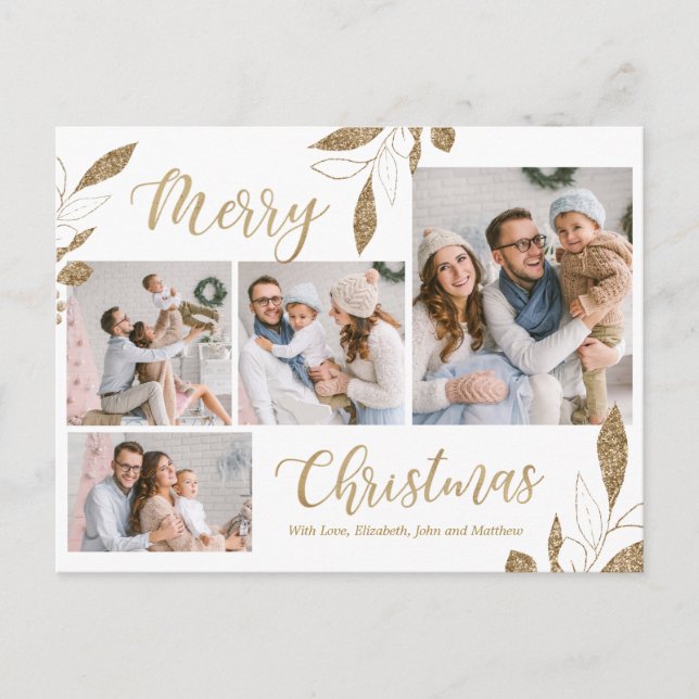 Postal Elegante Botánico de Oro 4 Navidades de Collage de (Anverso)