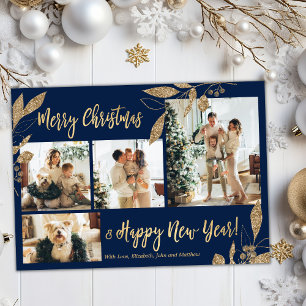 Postal Elegante Botánico de Oro 4 Navidades de Collage de