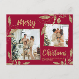 Postal Elegante Botánico de Oro Borgoña 2 Navidades de fo