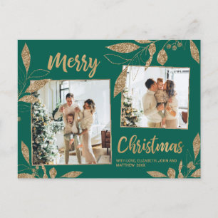 Postal Elegante Botánico Verde y Oro 2 Navidades de fotog